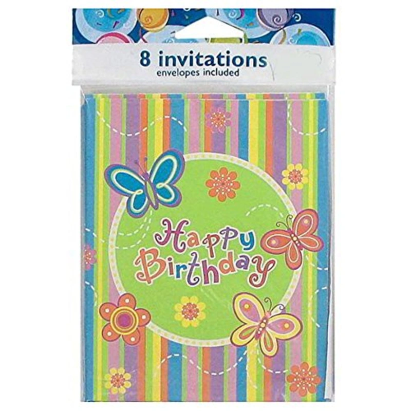 “Colorful Butterfly Stripe “”happy Birthday”” Party Invitations, Set Of 8″