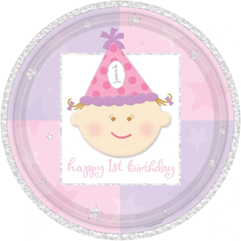 “First Birthday Girls Party Plates, Prismatic, 22.8cm, pack of 8”