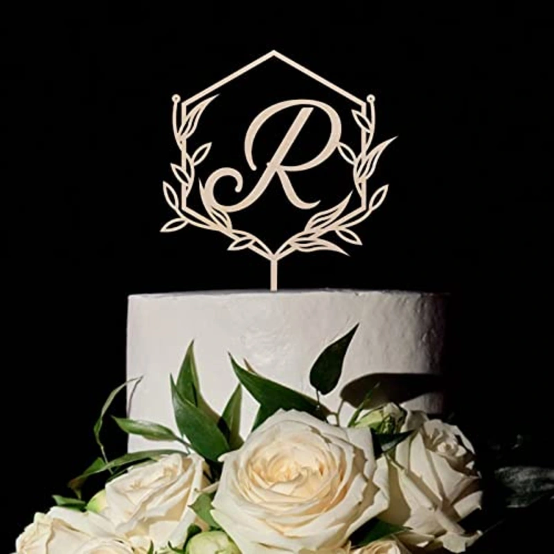 ,Rustic Wood Letter R Wedding Cake Toppers,Wreath Cake Topper,Geometric Cake Topper,Wedding Engagement Birthday Cake Decorations